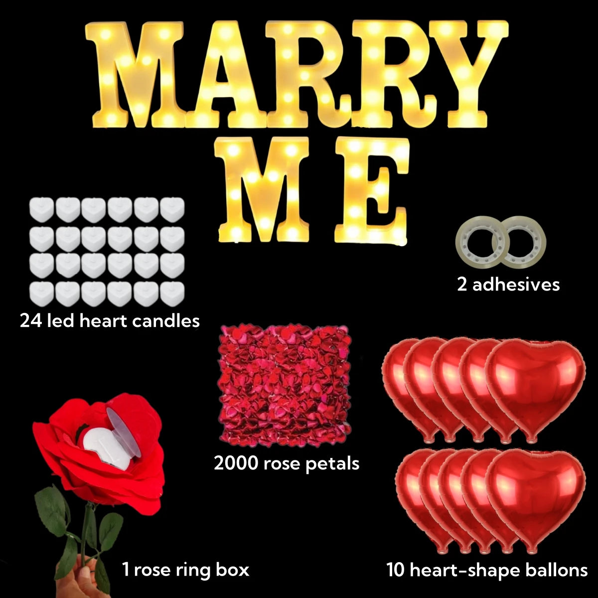 Set für 'Marry Me' Schild: 24 LED-Herzkerzen, 2000 Rosenblüten, Ringbox und 10 herzförmige Ballons.
