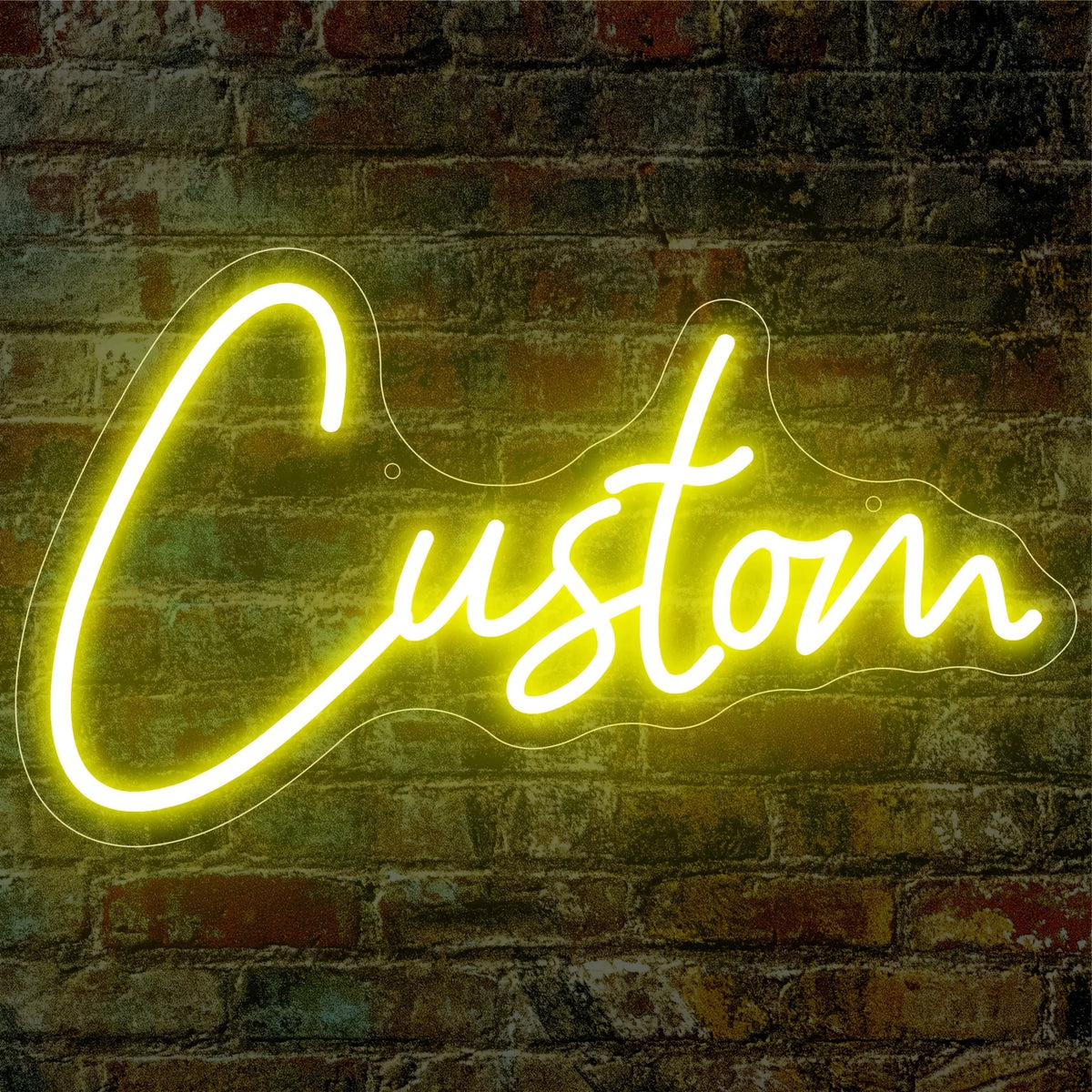 A bright yellow neon sign spelling the word Custom is displayed on a textured brick wall.