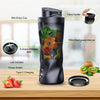 A black portable USB rechargeable blender jar with a carry handle, showing ingredients and features like a led indicator and 