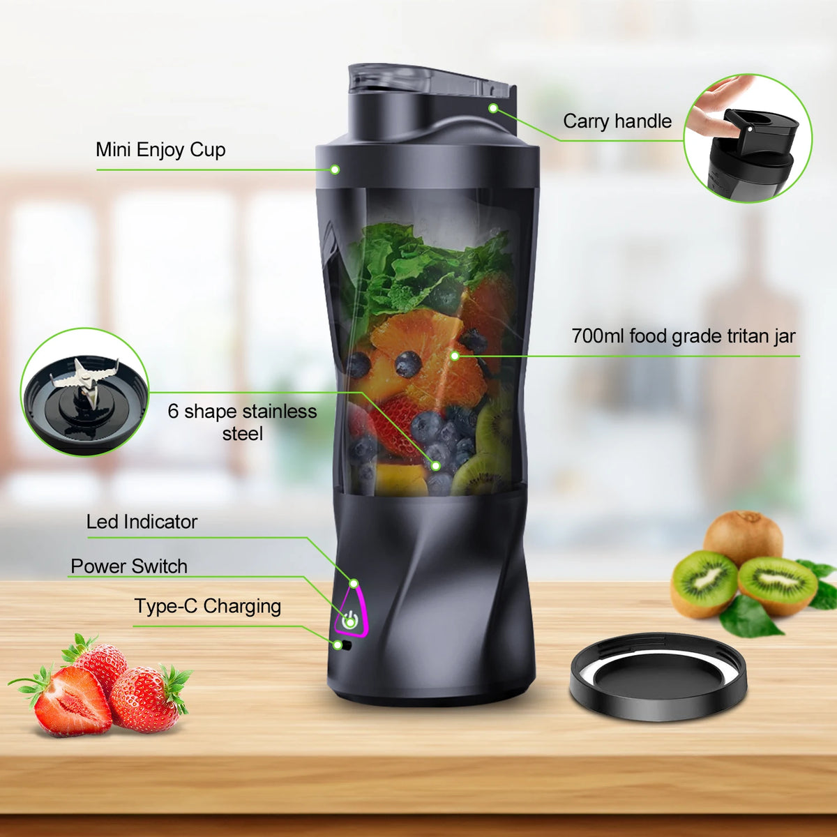 A black portable USB rechargeable blender jar with a carry handle, showing ingredients and features like a led indicator and 
