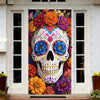 A sugar skull dia de los muertos door cover featuring a vibrant floral design with papel picado elements.