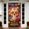 A vibrant sugar skull Dia de los Muertos door cover featuring colorful flowers and papel picado designs.