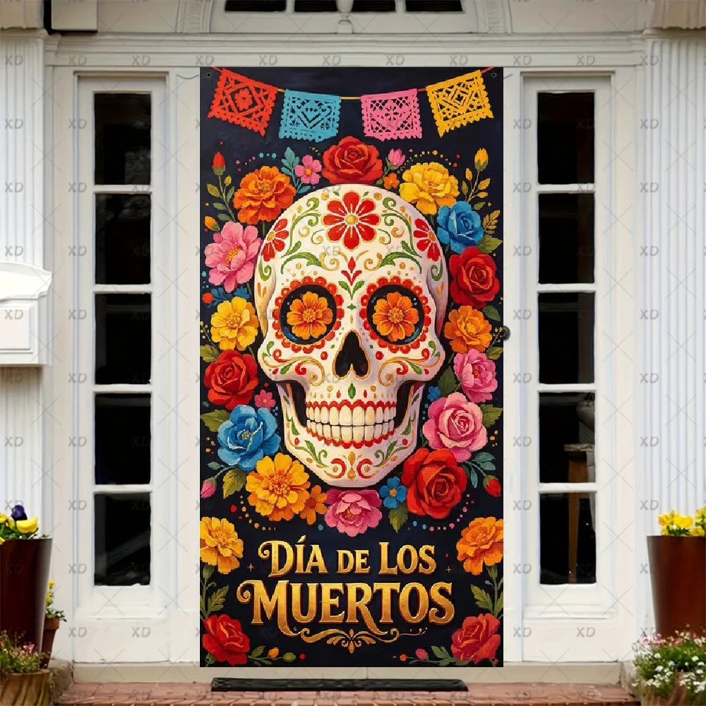 A vibrant sugar skull Dia de los Muertos door cover featuring colorful flowers and papel picado designs.