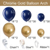 A kit showing chrome gold and navy blue balloons, chain, glue, and ribbon for a balloon arch.
