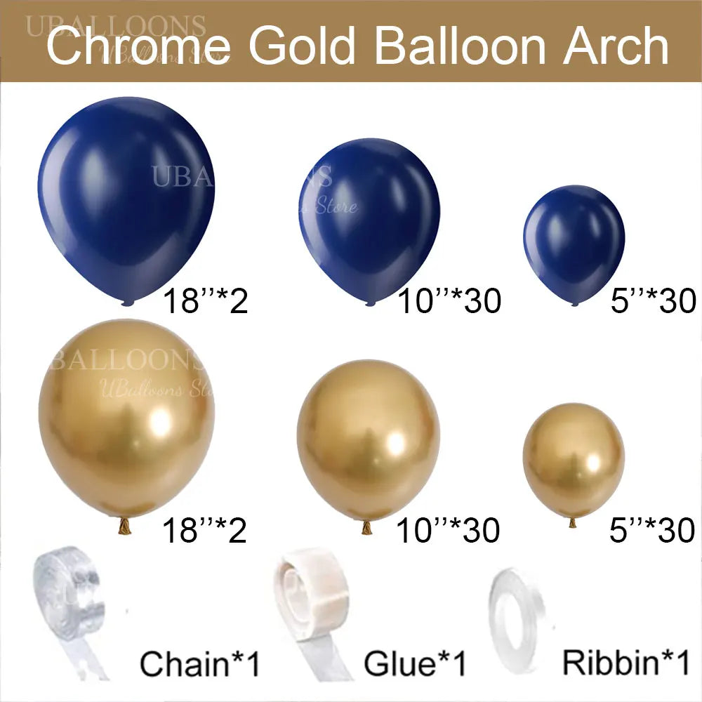 A kit showing chrome gold and navy blue balloons, chain, glue, and ribbon for a balloon arch.