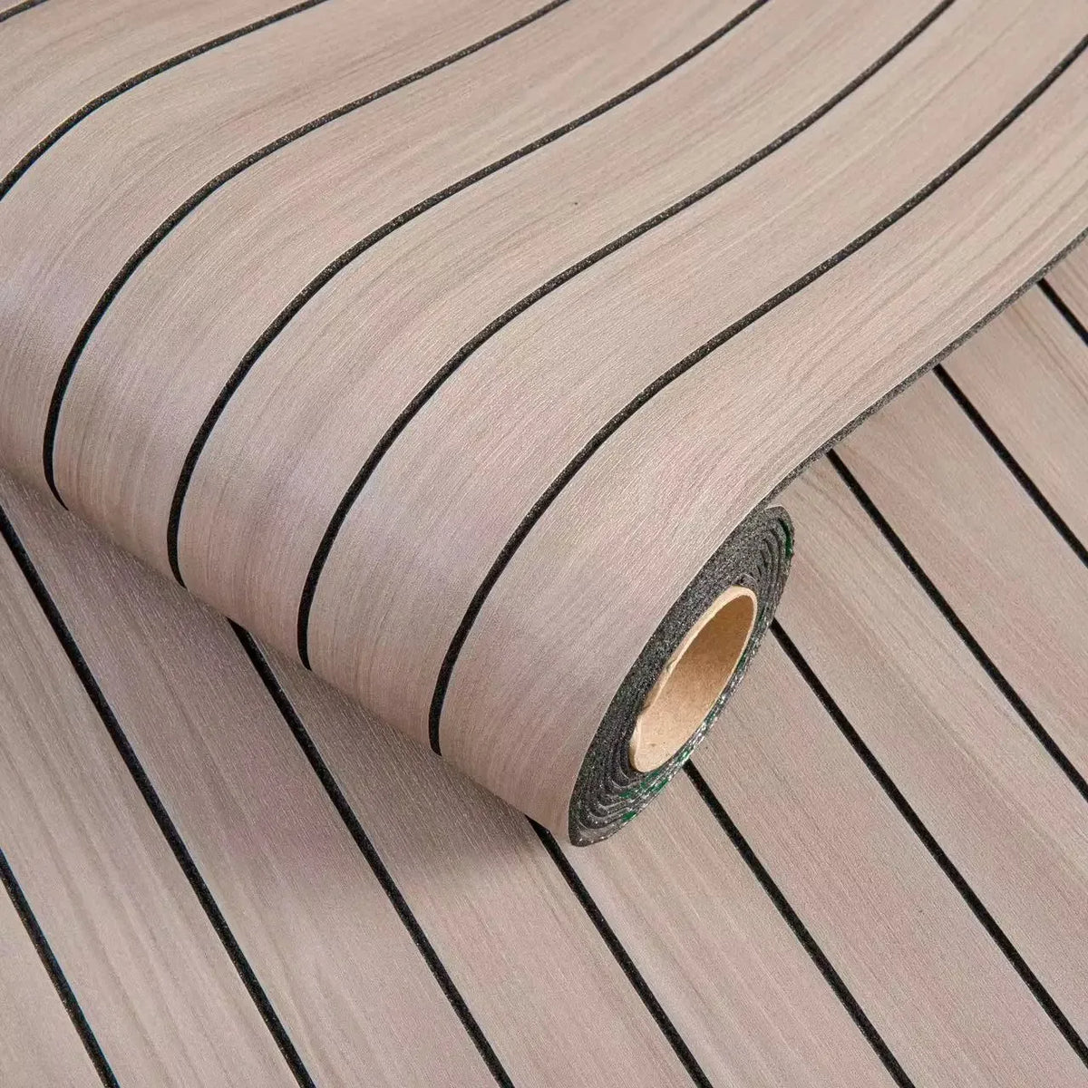 Roll of self-adhesive 3D wood grain wall panels showing vertical wood texture and dark edge.