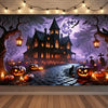 A dark Halloween scene featuring a gothic house, glowing pumpkins, bats, and a full moon backdrop for a photo booth.
