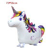 A white foil balloon shaped like a unicorn with colorful mane and horn for birthday party decor