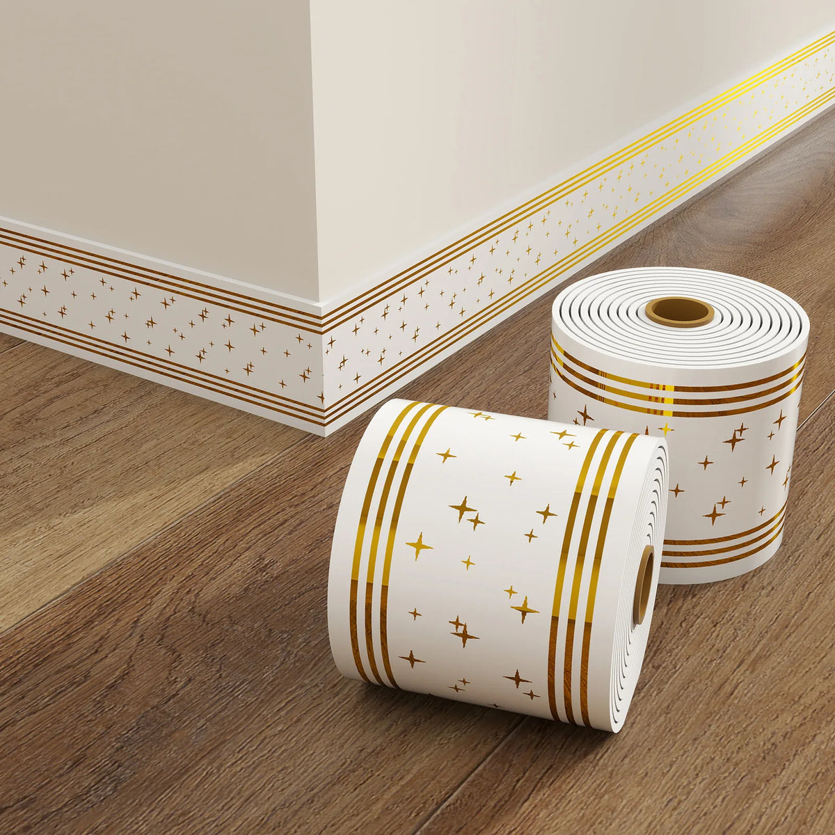 Roll of white self-adhesive PVC skirting board trim with gold foil star pattern on a wooden floor.