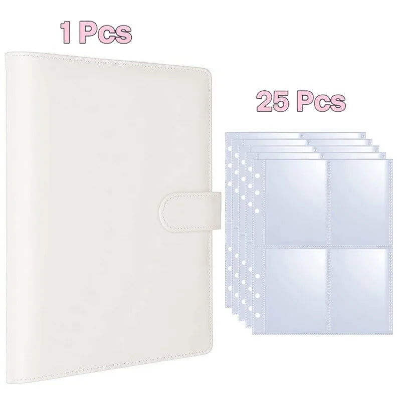A white reusable A5 Kpop photocard album binder with 25 individual clear plastic sleeves.