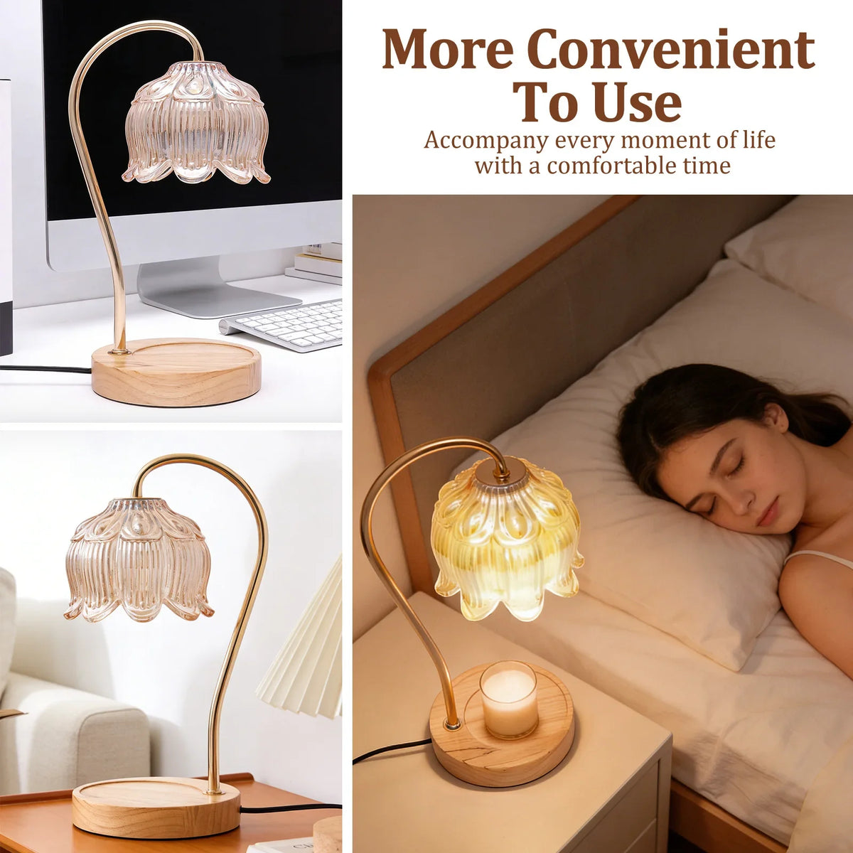 A close-up of a gold-toned, flameless decorative candle warmer lamp with a wooden base and glass diffuser.