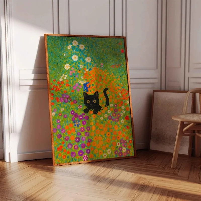 A vibrant canvas wall art featuring a black cat amidst a dense floral pattern of green, orange, and purple on a wooden frame.