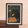 A framed print featuring a black cat and a slice of pizza against a dark green background.