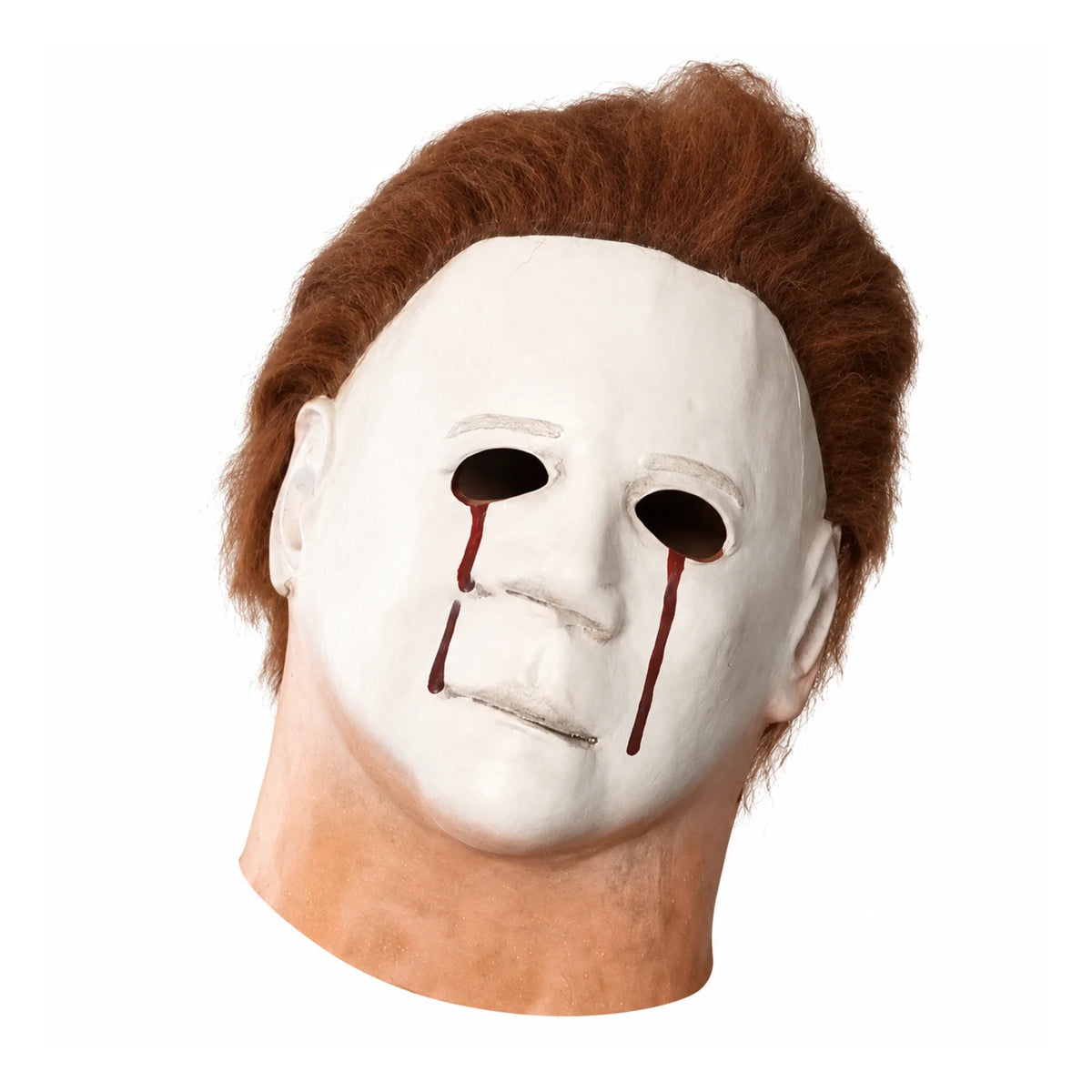 A white latex mask resembling Michael Myers with a bloody scar detail, shown from the front.
