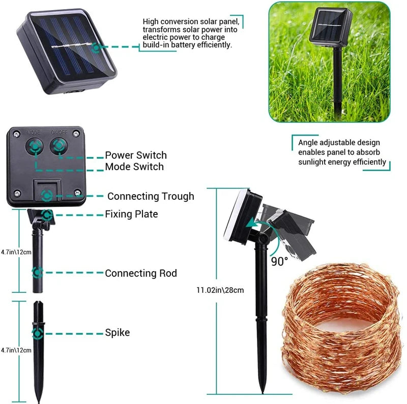 A solar-powered fairy string light kit showing the panel, switch, connecting rod, and spike for outdoor decoration.