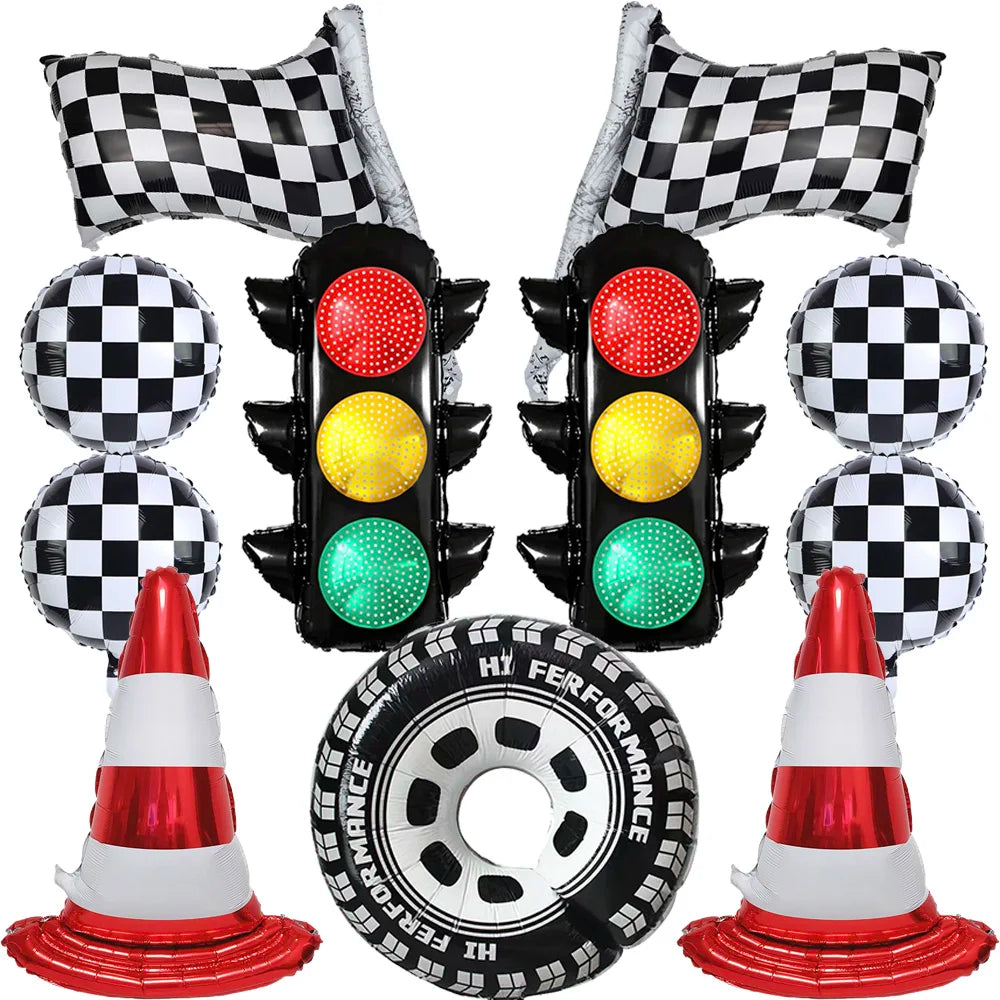 Race Car Birthday Party Balloon Decoration Set with Traffic Lights, Cones & Checkered Flags