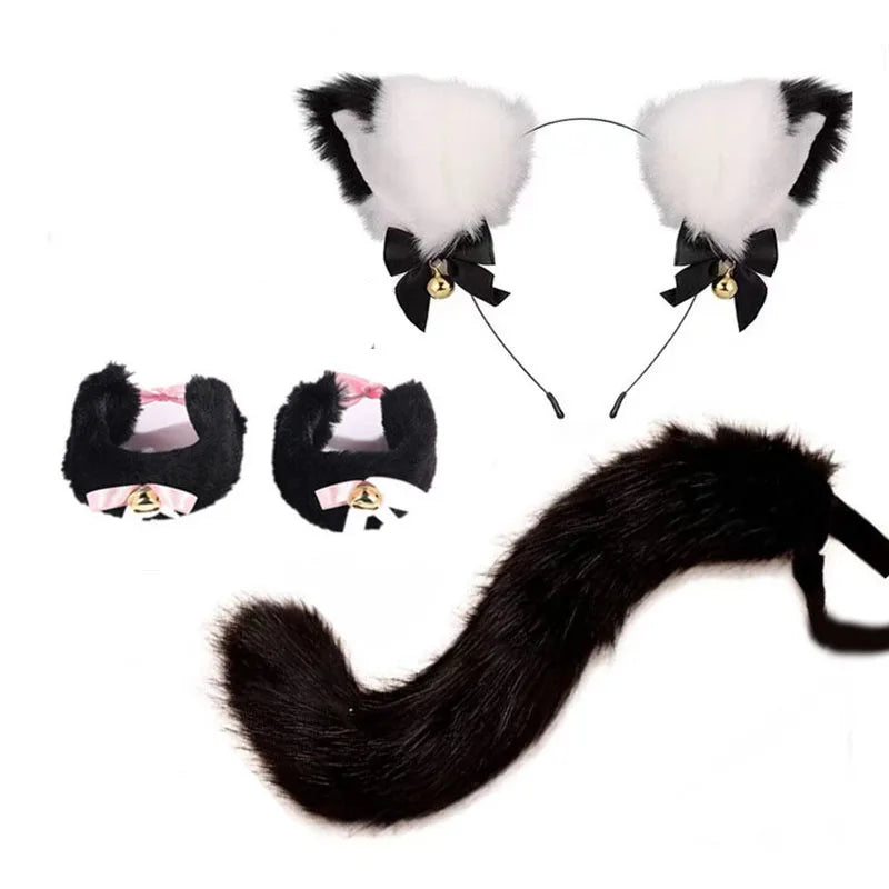 Black furry cat ear headband and tail costume set with bow details