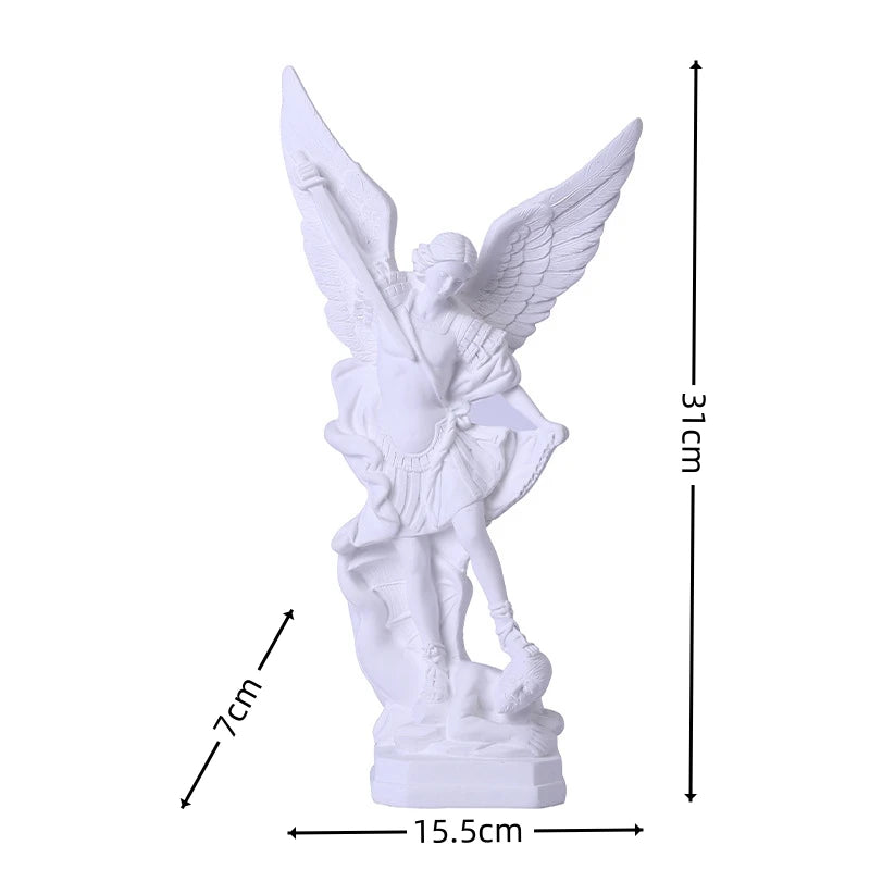 White resin figurine of Saint Michael Archangel with wings and armor