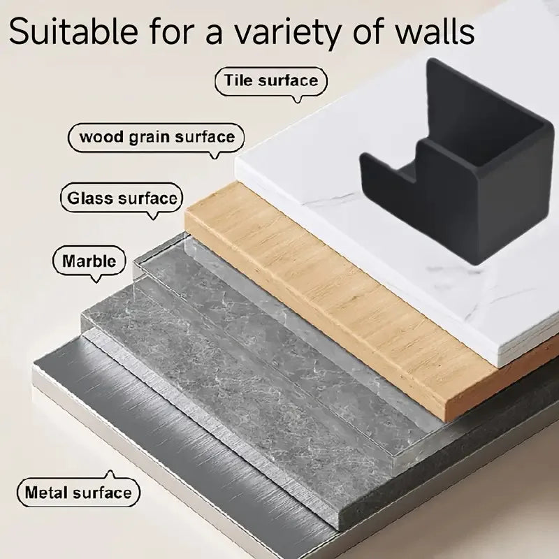 A space-saving scale storage holder with self-adhesive mount shown in various surface contexts like tile, wood grain, glass, 