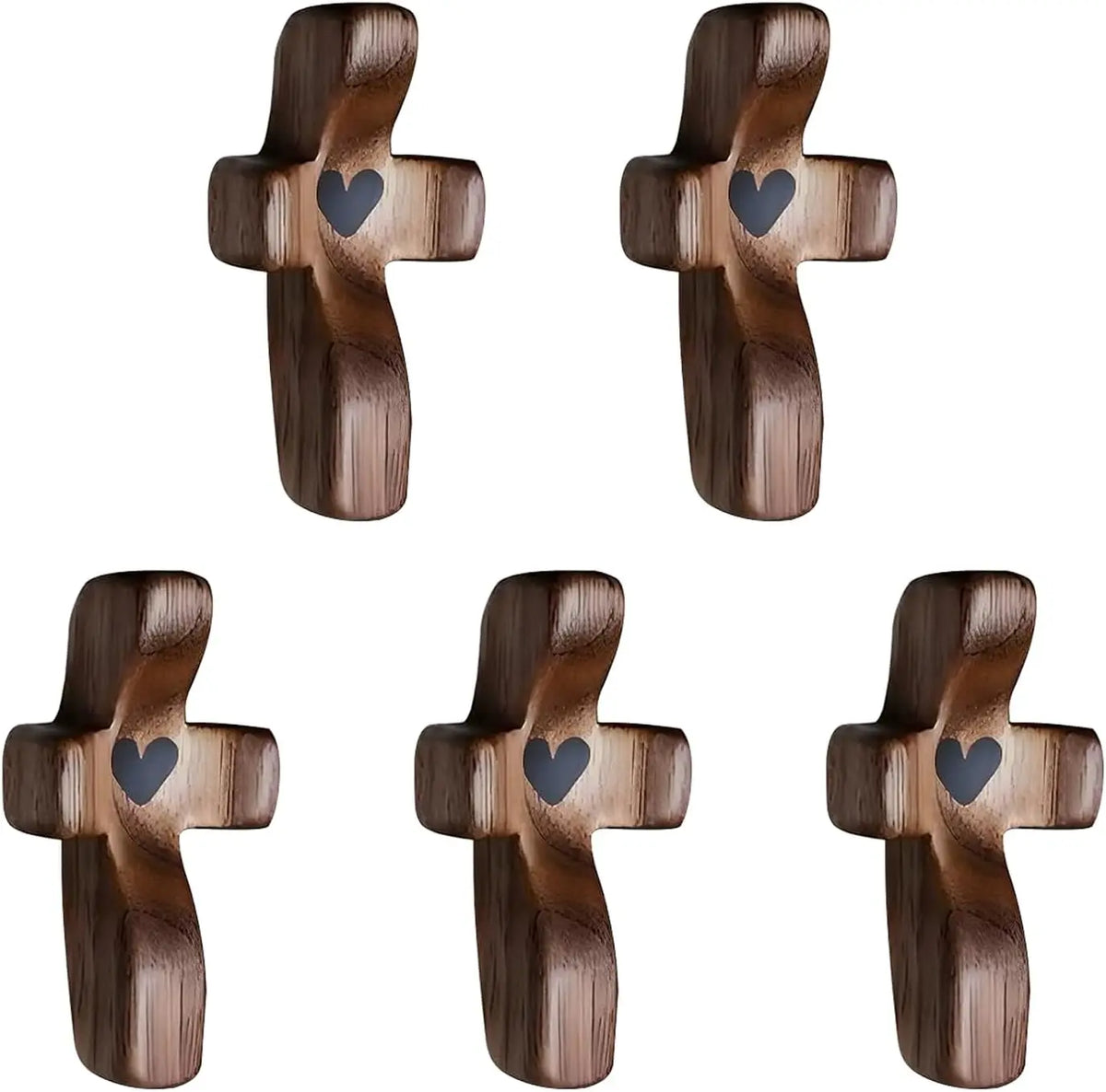 A set of wooden comfort prayer crosses used for anxiety relief.