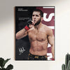 A portrait of Islam Makhachev in a UFC fighter pose, featuring text about his plan and strength.