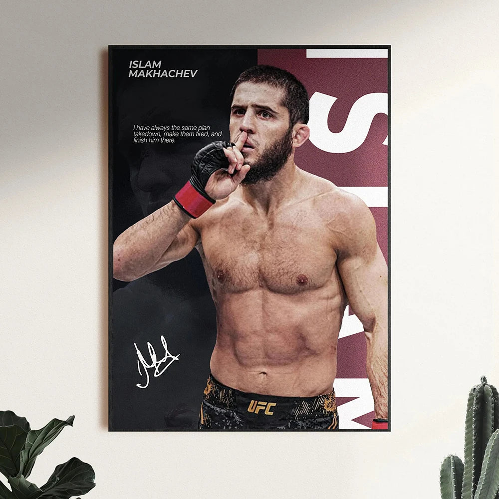 A portrait of Islam Makhachev in a UFC fighter pose, featuring text about his plan and strength.
