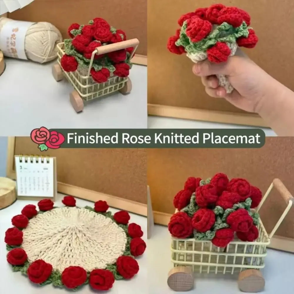 A bouquet of finished rose knitted placemats in red and green are displayed in a woven basket.