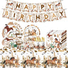 A banner spelling Happy Birthday featuring horses and western elements, alongside a set of decorative items.