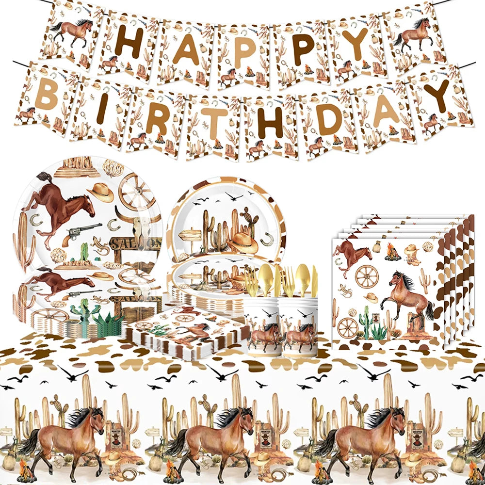 A banner spelling Happy Birthday featuring horses and western elements, alongside a set of decorative items.