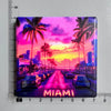 A vibrant sunset scene featuring palm trees silhouetted against a purple and orange sky with the word MIAMI written in neon p