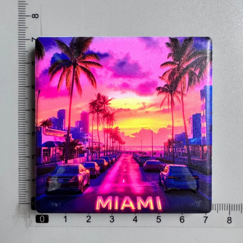 A vibrant sunset scene featuring palm trees silhouetted against a purple and orange sky with the word MIAMI written in neon p