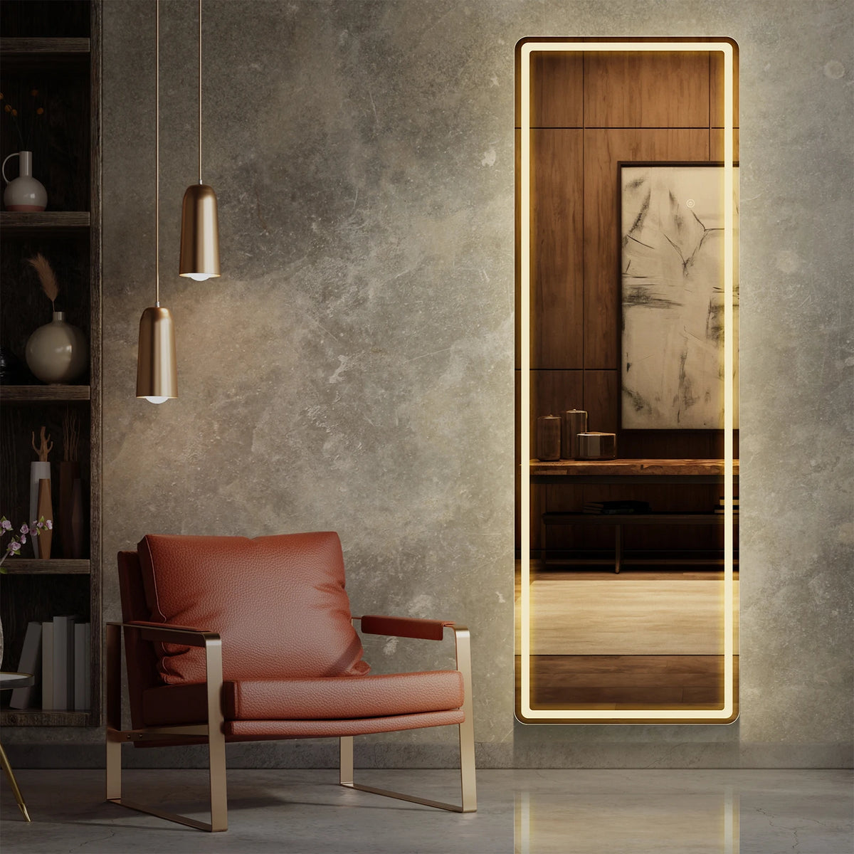 A modern full-length LED mirror with a wooden frame and adjustable stand is displayed in a minimalist interior.