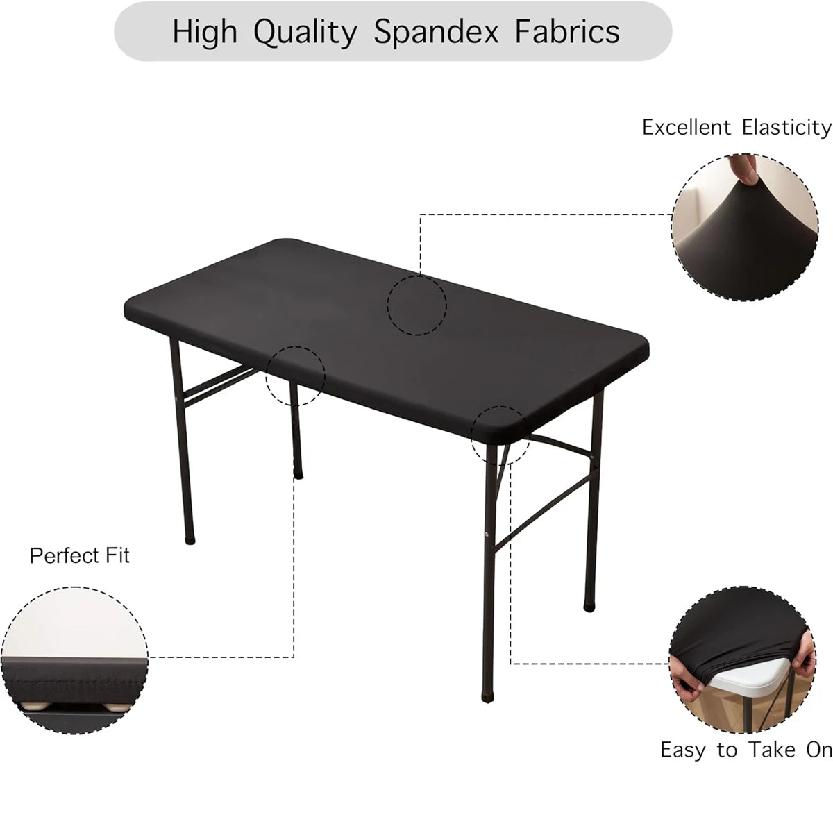 Black spandex fabric table cover with elastic fit and easy to take on design