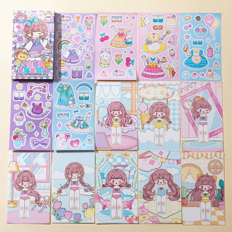 A collection of princess dress-up stickers featuring various characters, outfits, and accessories for children.