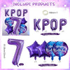 Purple foil number balloon set including a seven and various shaped balloons for a birthday celebration