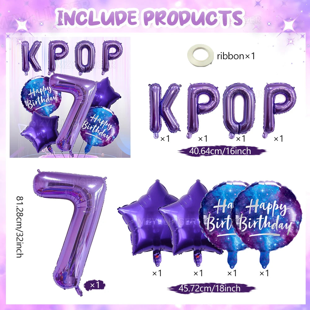 Purple foil number balloon set including a seven and various shaped balloons for a birthday celebration
