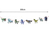 A line of dinosaur figures arranged along a measuring line marked 300cm.