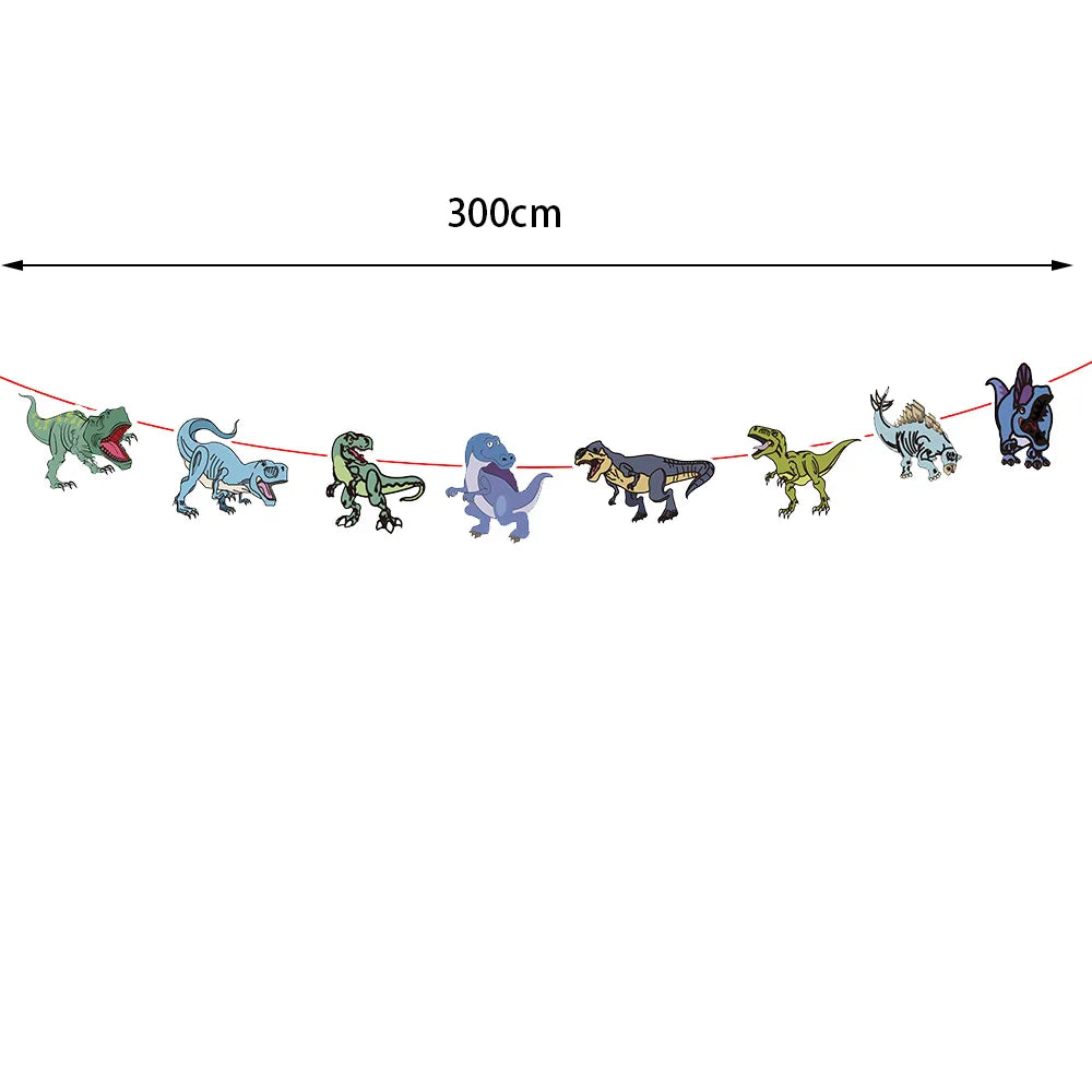 A line of dinosaur figures arranged along a measuring line marked 300cm.