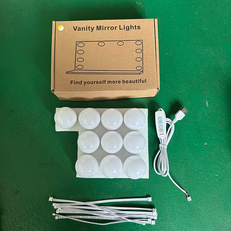 A box of vanity mirror lights with several white LED bulbs and associated wiring.