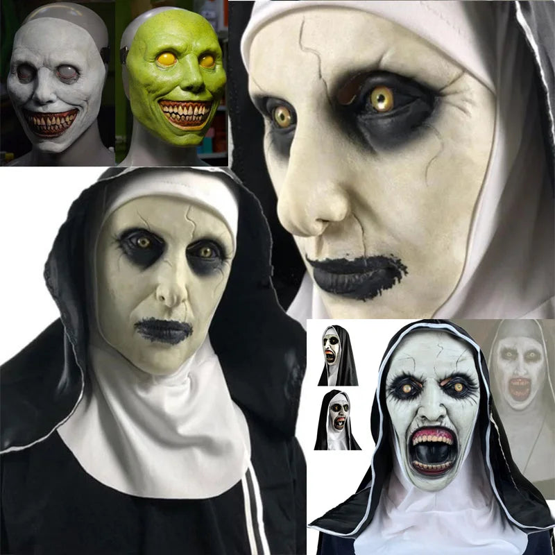 A scary nun latex mask with a headscarf featuring pale skin and intense facial expressions.