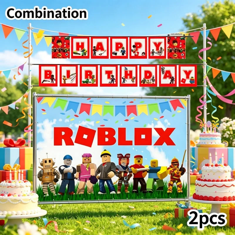 A combination of Roblox themed birthday party supplies featuring various robots and colorful decorations.