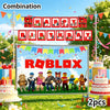 A combination of Roblox themed birthday party supplies featuring various robots and colorful decorations.