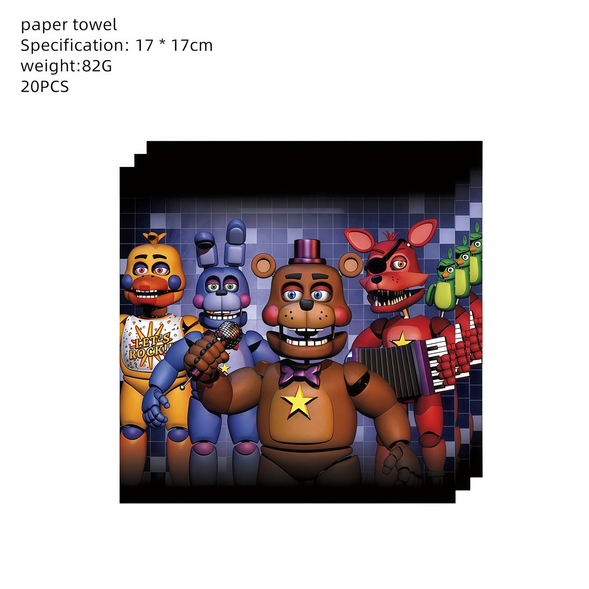 A collection of Five Nights at Freddy's characters including Freddy, Bonnie, Chica, and Foxy, packaged as birthday party supp