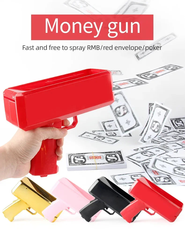 A red money gun toy is shown being held, with various stacks of fake money scattered around it.