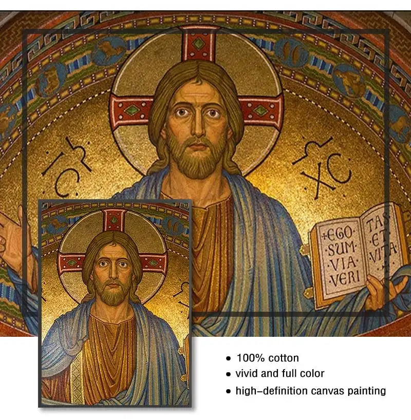 Peinture religieuse sur toile représentant Jésus-Christ et une autre figure, réalisée en feuille d'or.
