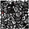 A dense collection of black and white cartoon skull stickers for decoration