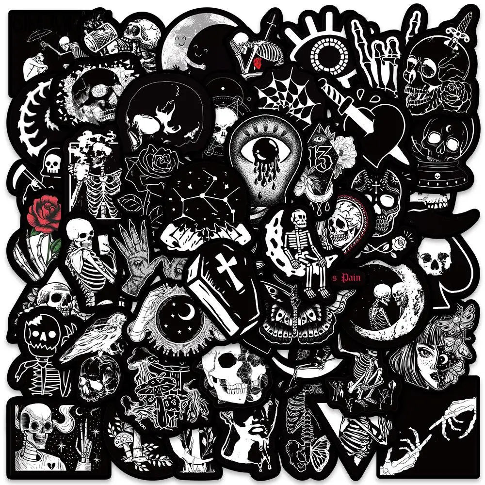 A dense collection of black and white cartoon skull stickers for decoration