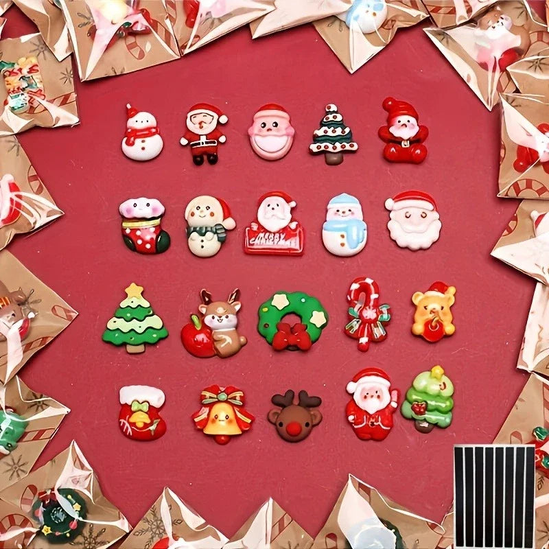 Assorted Christmas resin fridge magnets featuring Santa, snowman, and tree designs on a red background.