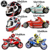 A collection of die-cast model race cars and a motorcycle, various colors and sizes, for birthday party decorations.