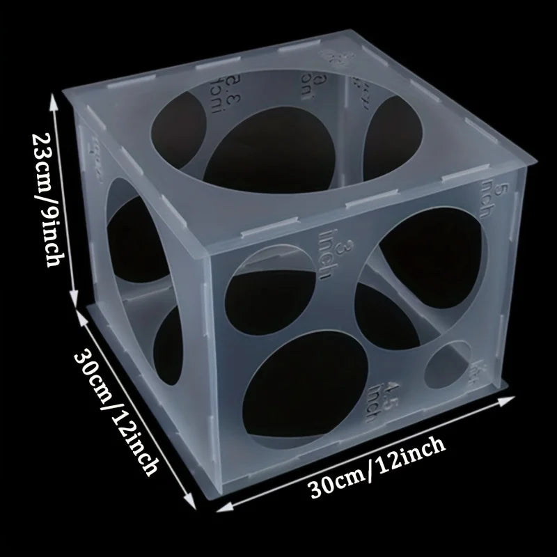 A clear plastic box with 11 holes used for balloon sizing and party decor.
